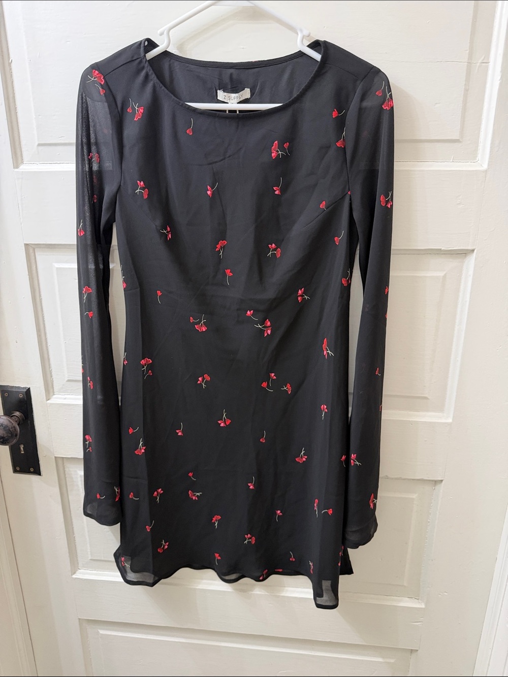 Z Supply Black Long-Sleeve Mini Dress with Red Cherry Print
